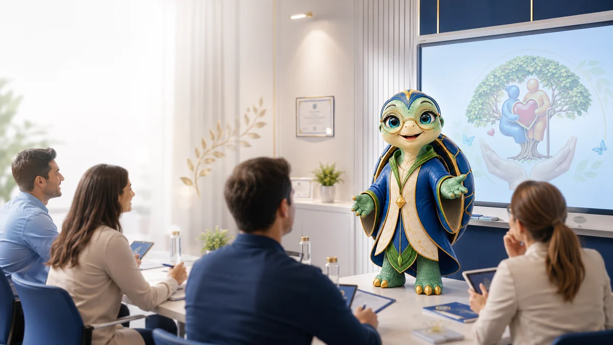 Mascote Memória conduzindo um treinamento no Residencial Essência